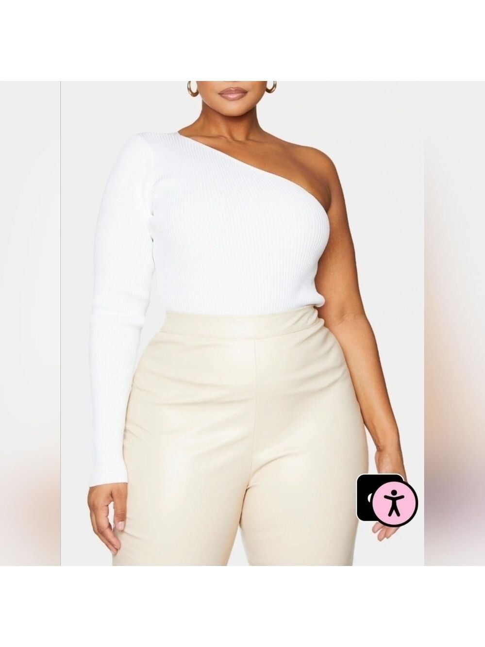 PrettyLittleThing White Asymmetric One-Sleeve Knitted Rib Top Large New With Tag